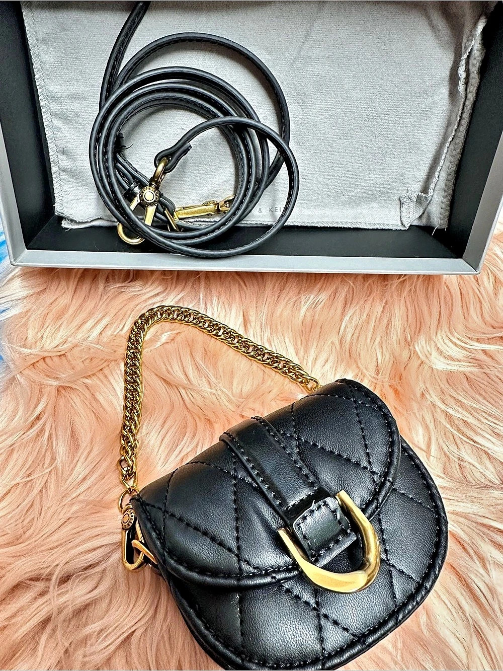 Charles & Keith Micro Gabine Quilted Saddle Bag Black
